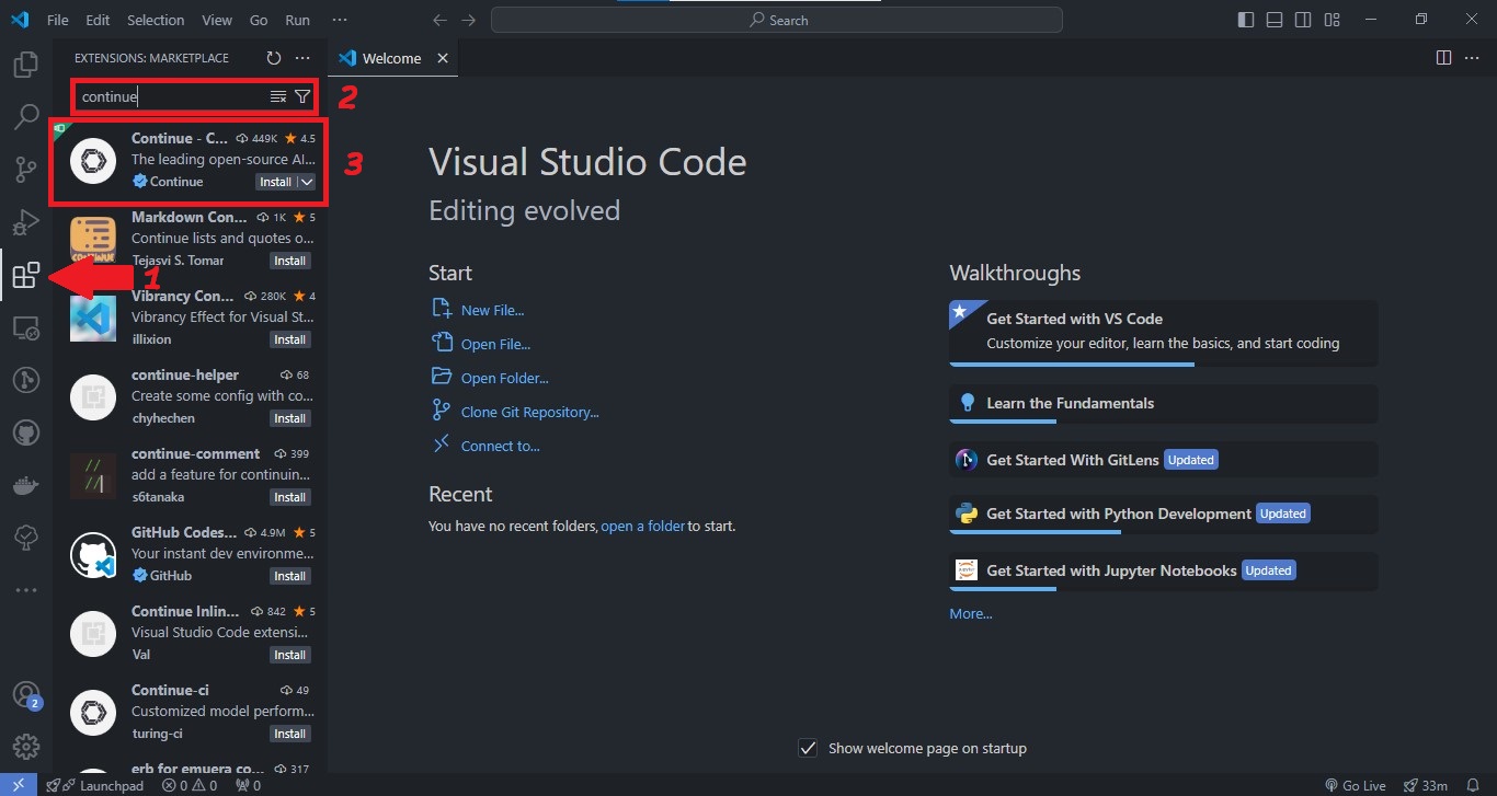 نصب افزونه Continue در Vscode