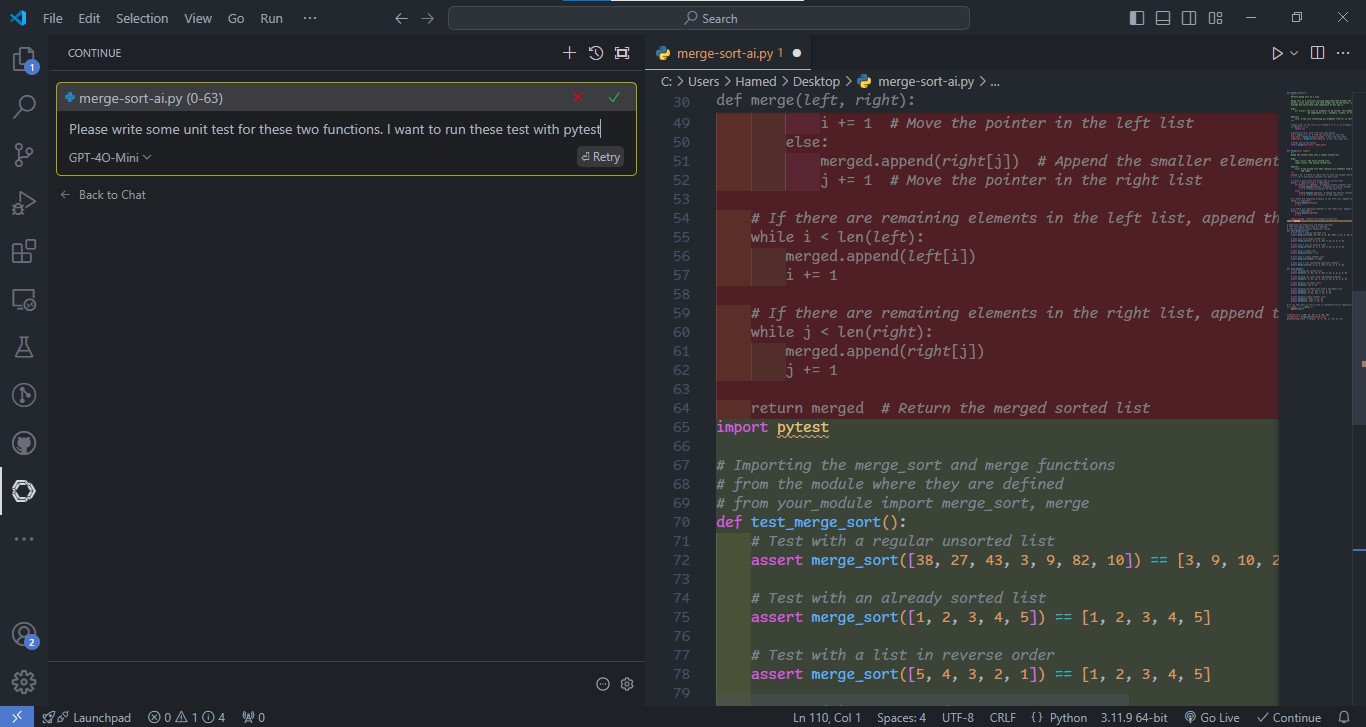کد تولید شده برای تست توسط دستیار هوش مصنوعی