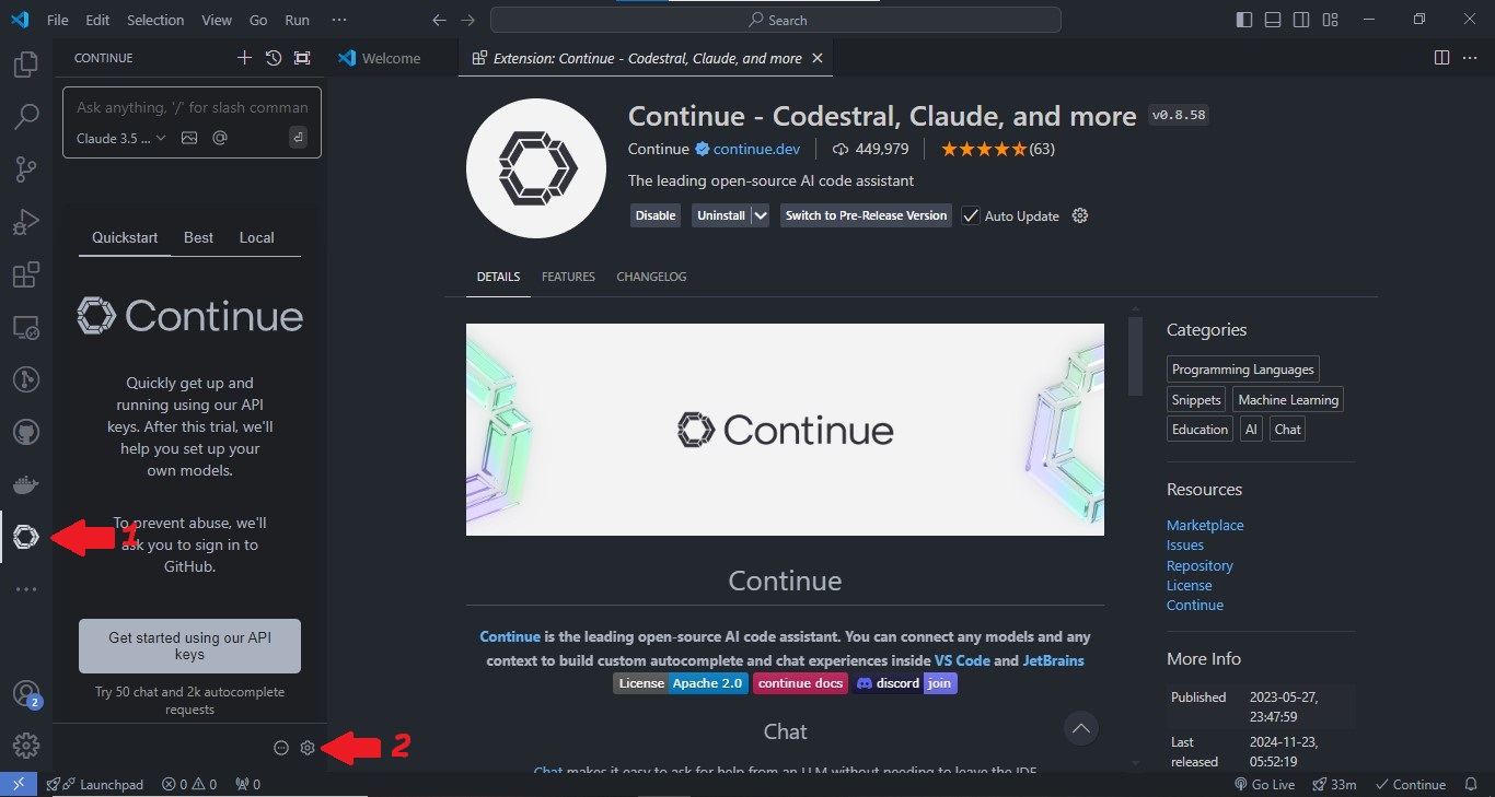 باز کردن صفحه تنظیمات افزونه Continue