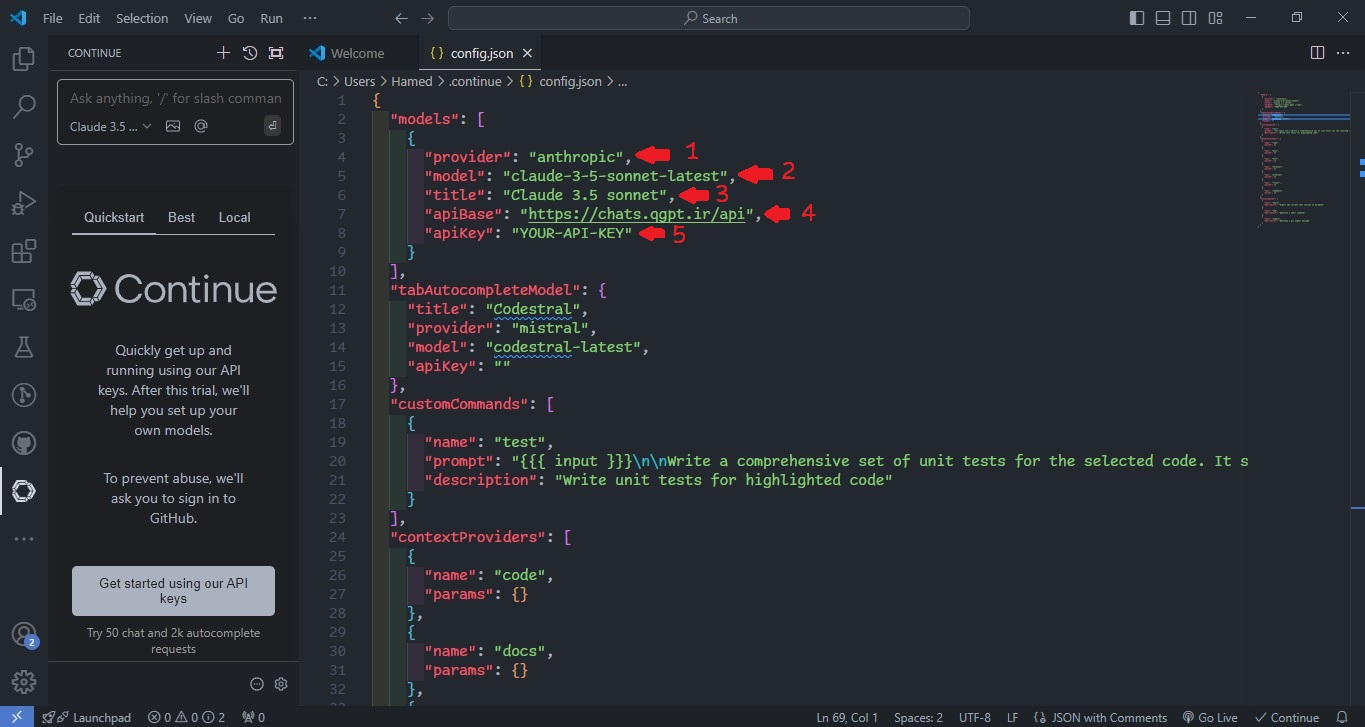 پیکربندی افزونه Continue با استفاده از مشخصات دریافتی