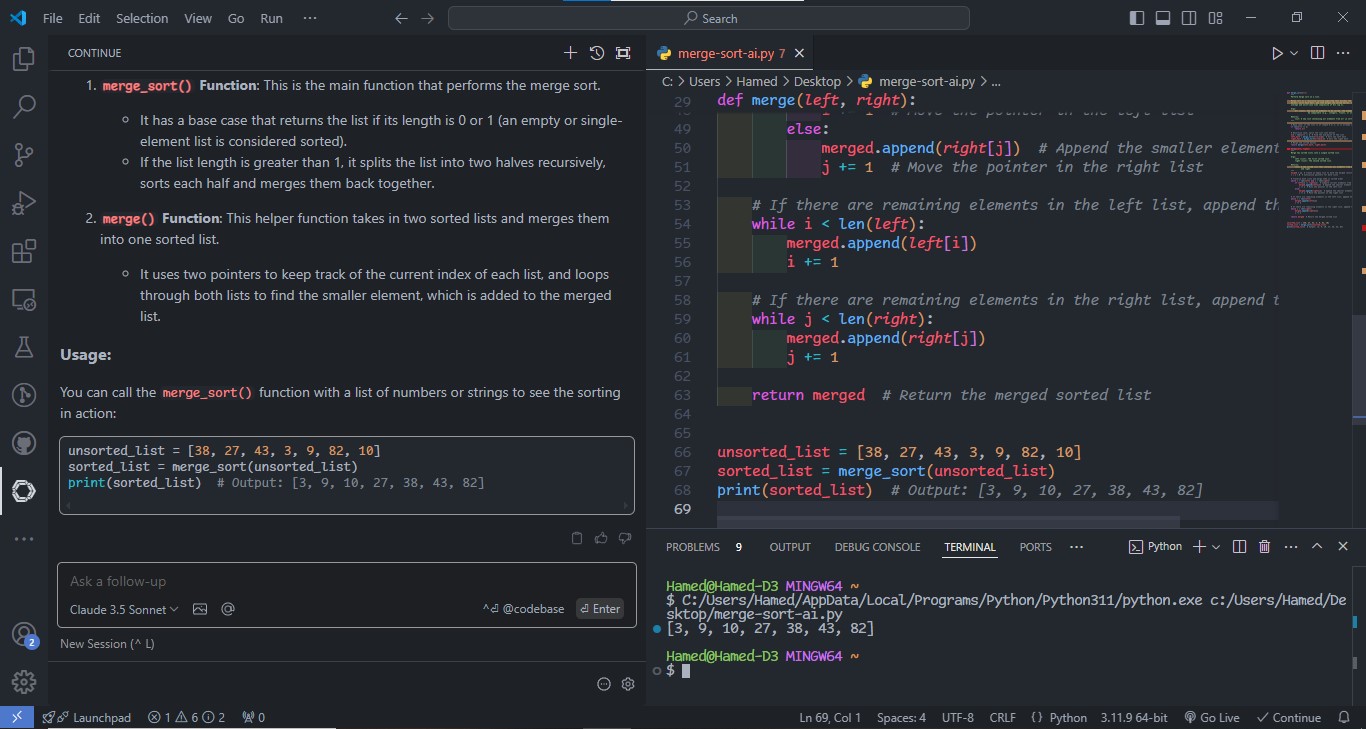 اجرای کد الگوریتم مرتب سازی ادغامی تولید شده توسط دستیار هوش مصنوعی